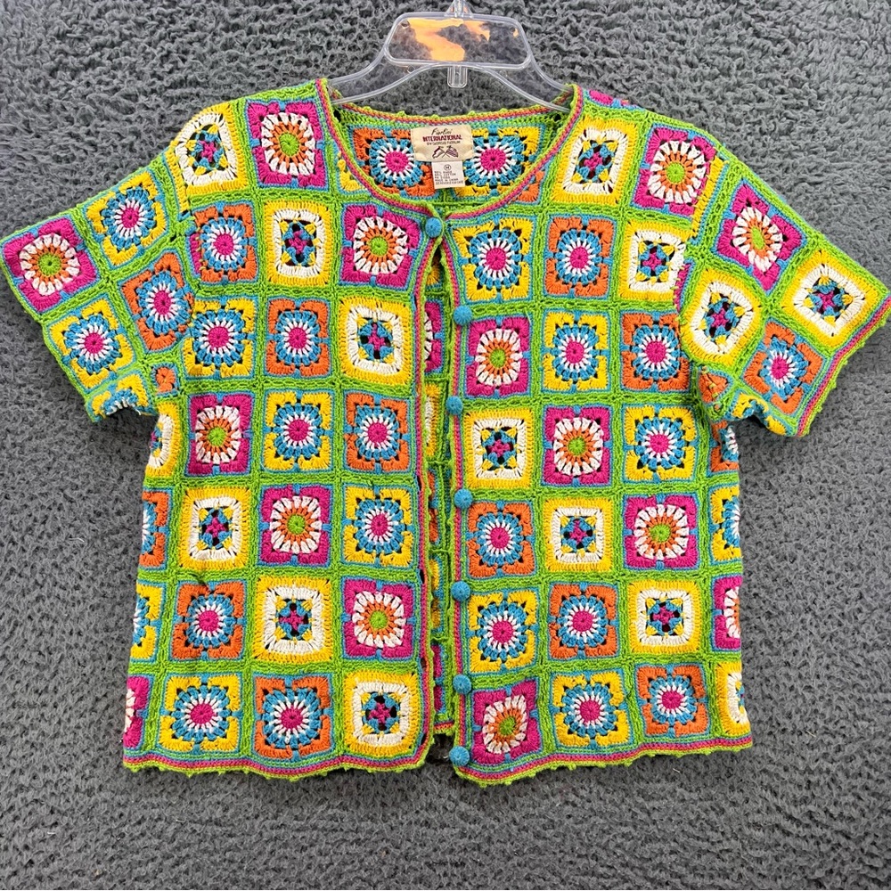 Vtg Cardigan Sweater Medium S/S Patchwork Crochet Grannycore Boho Cottagecore